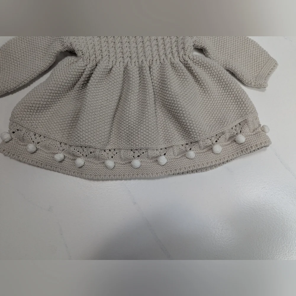 Cupcakes & Cashmere Baby Girl's Beige Knit Sweater Dress Pom Pom Trim, 3-6 Month